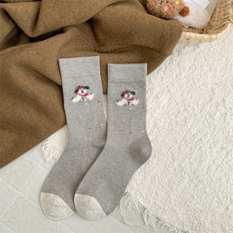 Moteriškos vilnos kojinės iki vidurio blauzdos su animaciniu šuniuko raštu, išlaiko šilumą, vienos adatos mezgimas, retro stilius