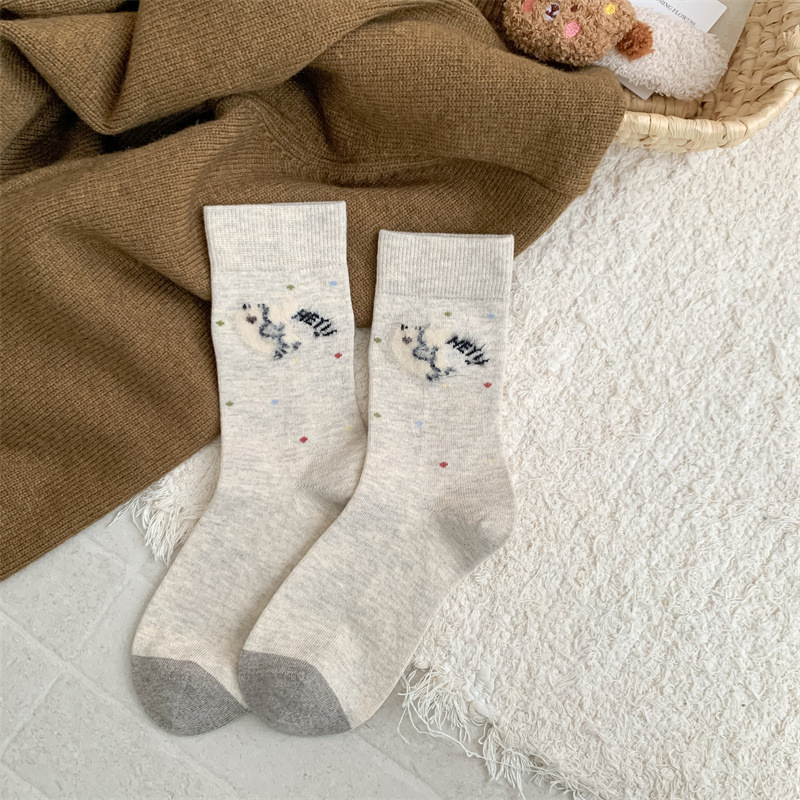 Moteriškos vilnos kojinės iki vidurio blauzdos su animaciniu šuniuko raštu, išlaiko šilumą, vienos adatos mezgimas, retro stilius