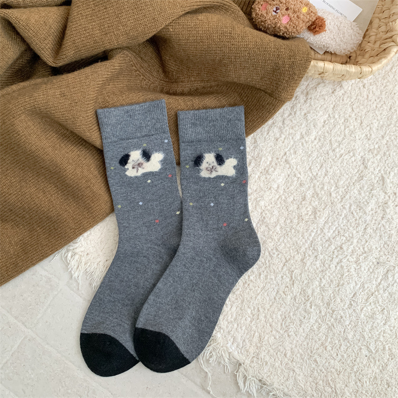 Moteriškos vilnos kojinės iki vidurio blauzdos su animaciniu šuniuko raštu, išlaiko šilumą, vienos adatos mezgimas, retro stilius