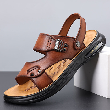 Ανδρικά δερμάτινα σανδάλια - ανοιχτό δάχτυλο, αναπνεόμενα, αντιολισθητικά, άνω μέρος από δέρμα πρώτης στρώσης αγελάδας, PU σόλα, Καλοκαίρι 2024