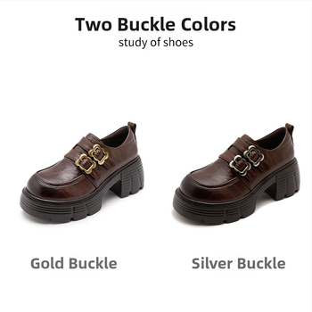 Sieviešu ādas kurpes ar biezu zoli, retro stils, apaļš purns, papēža augstums 6–8 cm, Velcro aizdare, EVA zole