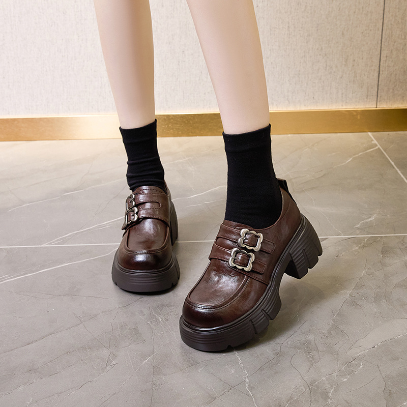 Sieviešu ādas kurpes ar biezu zoli, retro stils, apaļš purns, papēža augstums 6–8 cm, Velcro aizdare, EVA zole