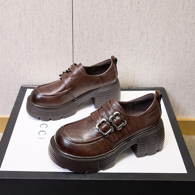 Sieviešu ādas kurpes ar biezu zoli, retro stils, apaļš purns, papēža augstums 6–8 cm, Velcro aizdare, EVA zole