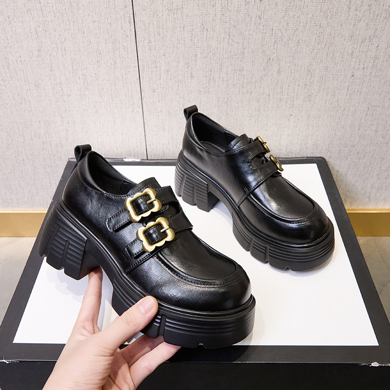 Sieviešu ādas kurpes ar biezu zoli, retro stils, apaļš purns, papēža augstums 6–8 cm, Velcro aizdare, EVA zole