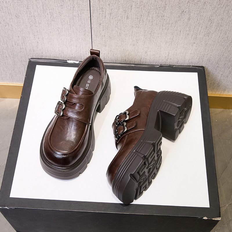 Sieviešu ādas kurpes ar biezu zoli, retro stils, apaļš purns, papēža augstums 6–8 cm, Velcro aizdare, EVA zole