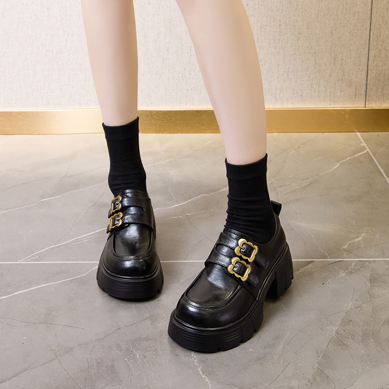 Sieviešu ādas kurpes ar biezu zoli, retro stils, apaļš purns, papēža augstums 6–8 cm, Velcro aizdare, EVA zole