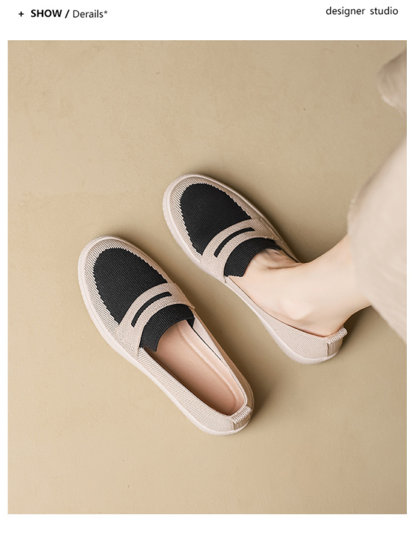 Sieviešu Fisherman slip-on kurpes, japāņu stilā, apaļa purngala, adīta augšdaļa, superfiber augšdaļa, zems plakanais papēdis