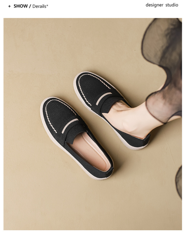 Sieviešu Fisherman slip-on kurpes, japāņu stilā, apaļa purngala, adīta augšdaļa, superfiber augšdaļa, zems plakanais papēdis