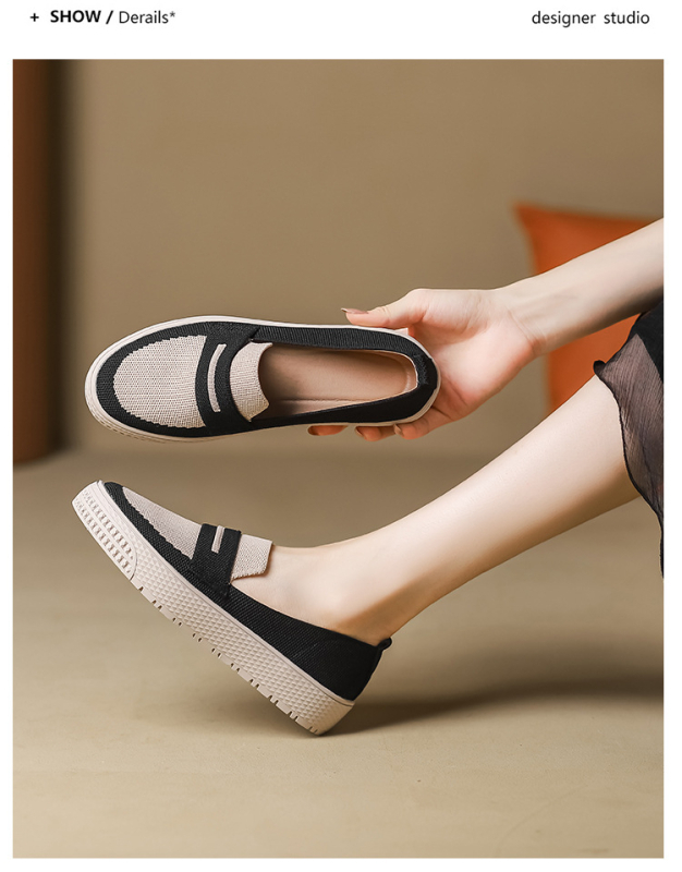 Sieviešu Fisherman slip-on kurpes, japāņu stilā, apaļa purngala, adīta augšdaļa, superfiber augšdaļa, zems plakanais papēdis