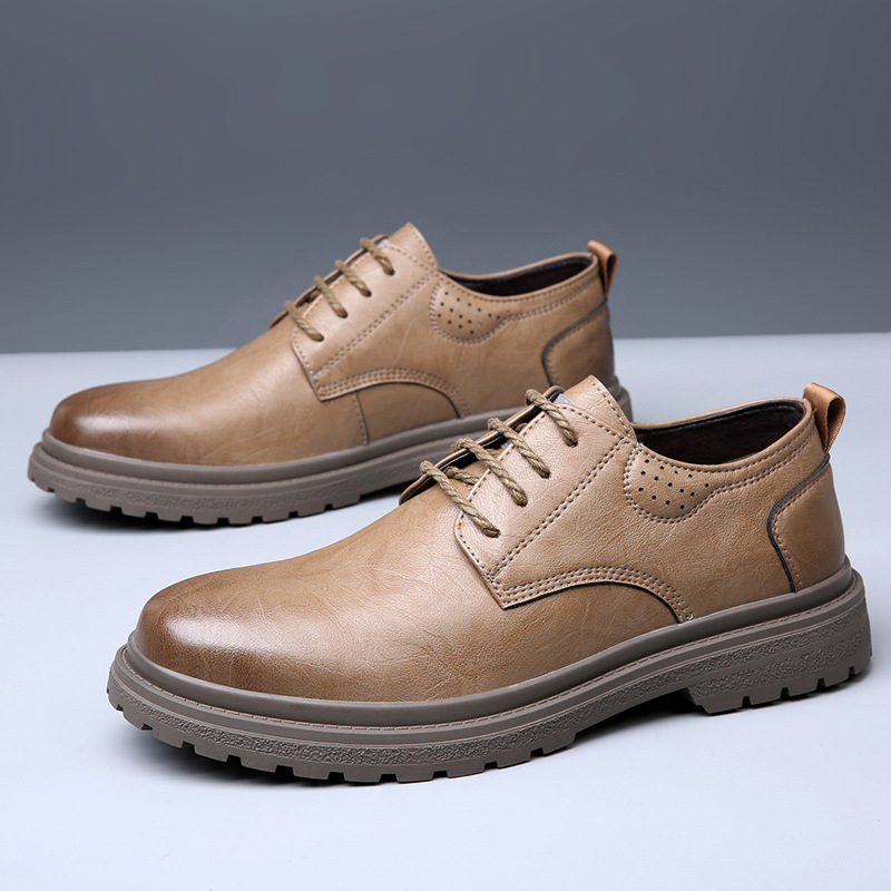 Muške poslovne kožne cipele – gornji dio od split kože, okrugli vrh prsta, gumena potplata, PU podstava, vezanje, proljeće 2025
