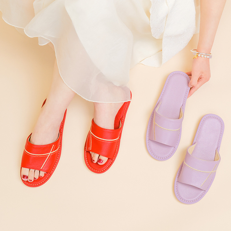 Papuci de interior din piele naturală pentru adulți - respirabili, cu deget deschis, talpă din tendon de vițel, talpă intermediară din piele de vită, grosime talpă 0–3 cm