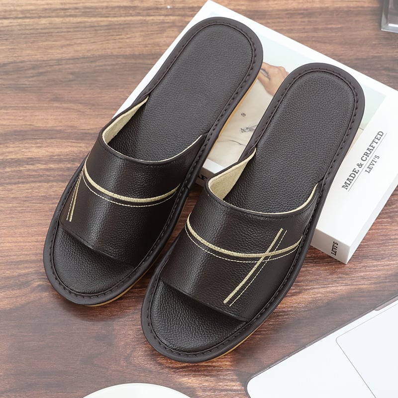 Papuci de interior din piele naturală pentru adulți - respirabili, cu deget deschis, talpă din tendon de vițel, talpă intermediară din piele de vită, grosime talpă 0–3 cm