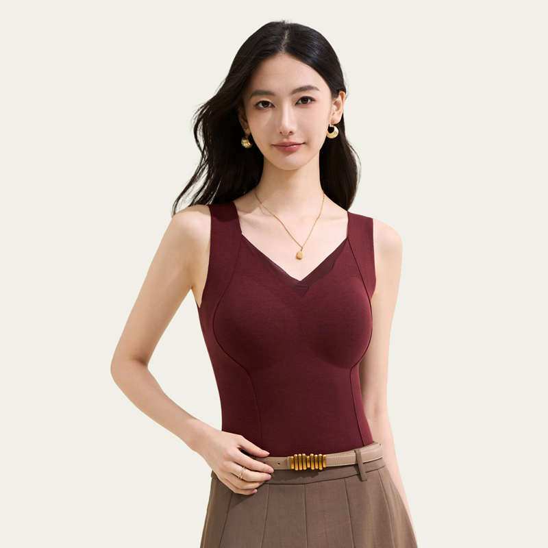 Vestă termică din lyocell și amestec de mătase cu puf, guler petală, perne pentru sân, strat de bază integrat, dublu strat, fără cusături, decolteu în V