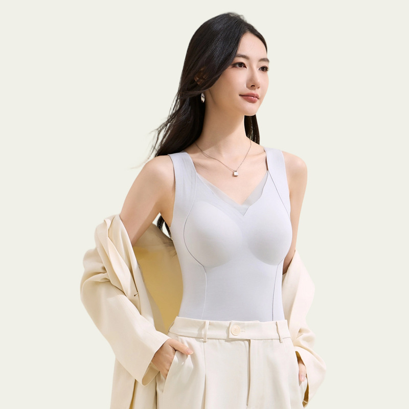 Vestă termică din lyocell și amestec de mătase cu puf, guler petală, perne pentru sân, strat de bază integrat, dublu strat, fără cusături, decolteu în V