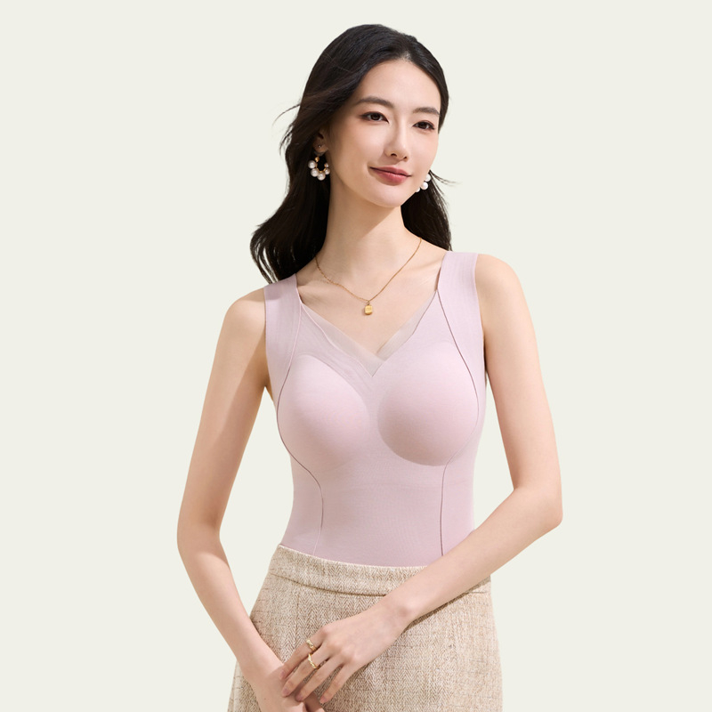 Vestă termică din lyocell și amestec de mătase cu puf, guler petală, perne pentru sân, strat de bază integrat, dublu strat, fără cusături, decolteu în V