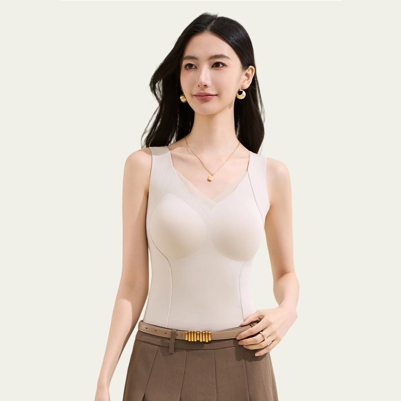 Vestă termică din lyocell și amestec de mătase cu puf, guler petală, perne pentru sân, strat de bază integrat, dublu strat, fără cusături, decolteu în V