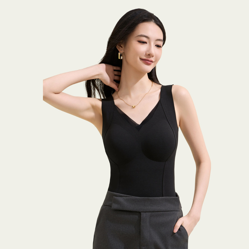 Vestă termică din lyocell și amestec de mătase cu puf, guler petală, perne pentru sân, strat de bază integrat, dublu strat, fără cusături, decolteu în V