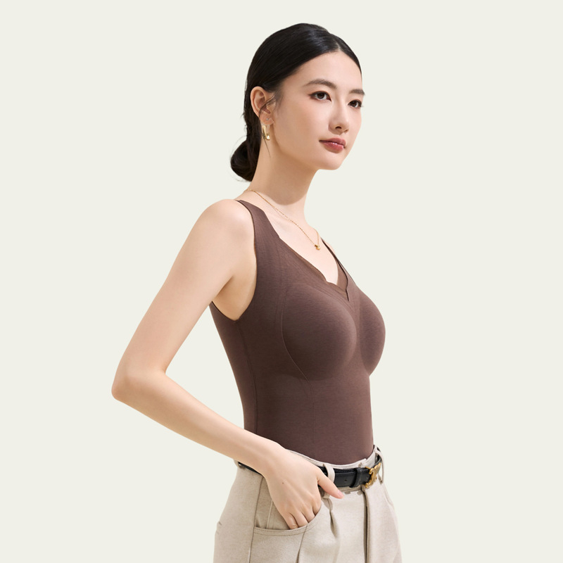 Vestă termică din lyocell și amestec de mătase cu puf, guler petală, perne pentru sân, strat de bază integrat, dublu strat, fără cusături, decolteu în V