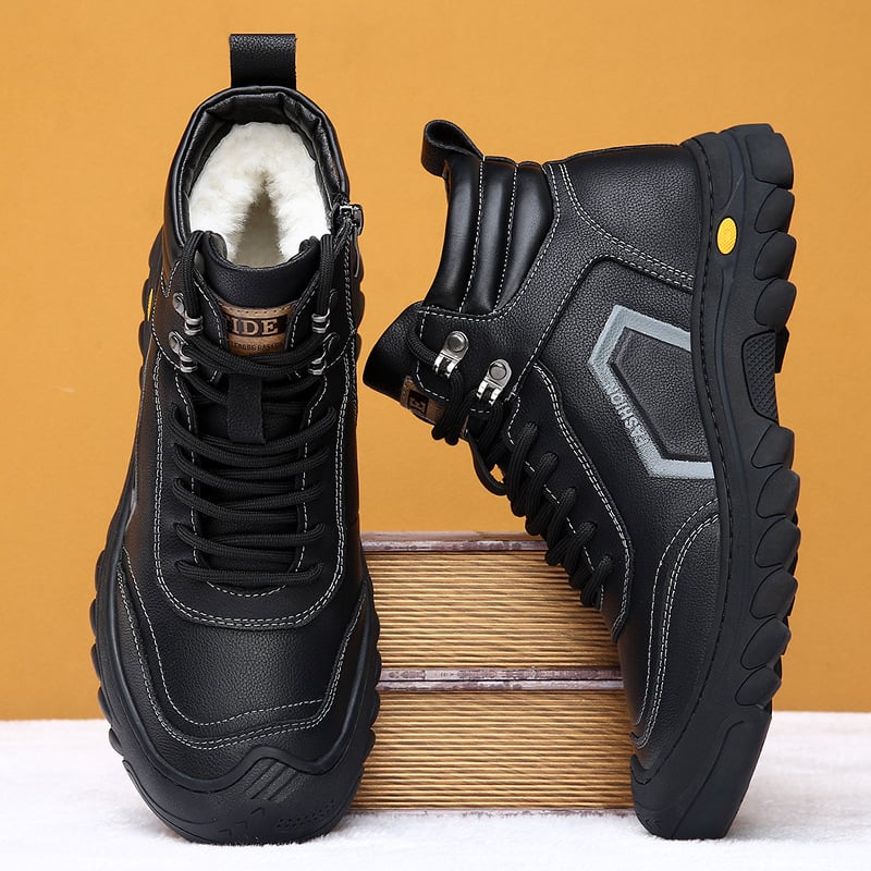 Ghete de iarnă din piele pentru bărbați, bocanci înalți de iarnă cu căptușeală din lână de miel, finisaj embosat, talpă din cauciuc rezistent la uzură, înălțimea tocului 3–5 cm