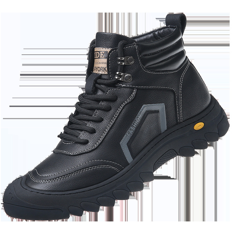 Ghete de iarnă din piele pentru bărbați, bocanci înalți de iarnă cu căptușeală din lână de miel, finisaj embosat, talpă din cauciuc rezistent la uzură, înălțimea tocului 3–5 cm