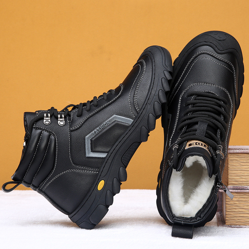Ghete de iarnă din piele pentru bărbați, bocanci înalți de iarnă cu căptușeală din lână de miel, finisaj embosat, talpă din cauciuc rezistent la uzură, înălțimea tocului 3–5 cm