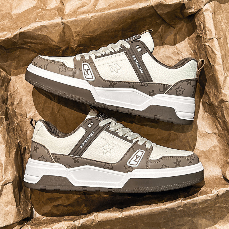 Board Shoes за мъже – корейски стил, кръгъл нос, PU горна част, нисък ток, гумена подметка, PU стелка