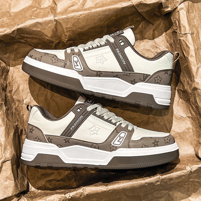 Board Shoes за мъже – корейски стил, кръгъл нос, PU горна част, нисък ток, гумена подметка, PU стелка