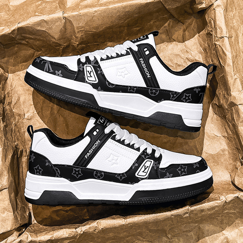 Board Shoes за мъже – корейски стил, кръгъл нос, PU горна част, нисък ток, гумена подметка, PU стелка