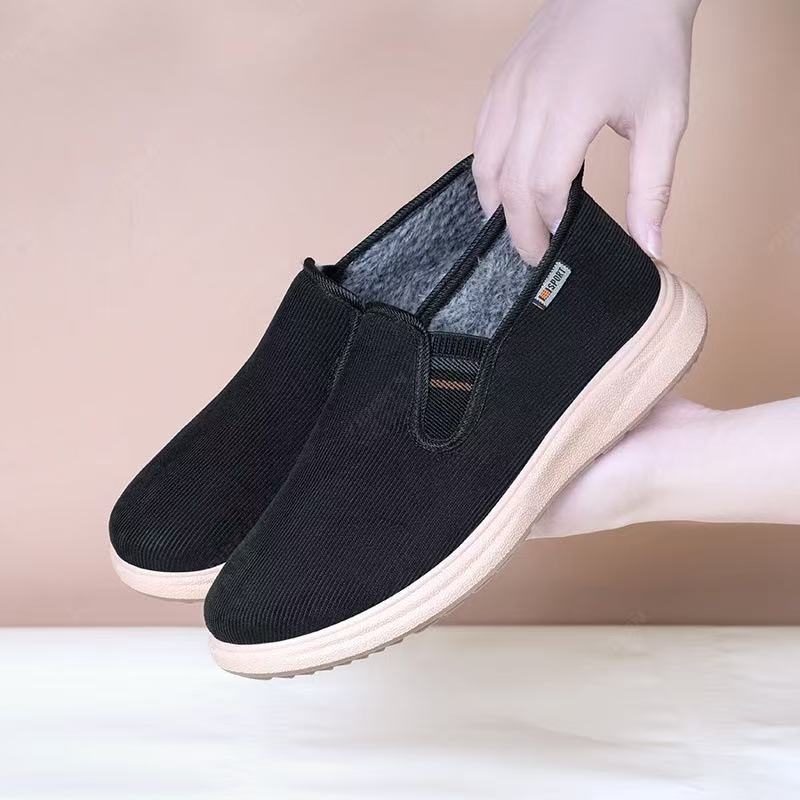 Férfi otthoni papucs: fleece-belés, vastagított, meleg, csúszásmentes, slip-on, alacsony profil (felső: vászon, talp: műanyag)