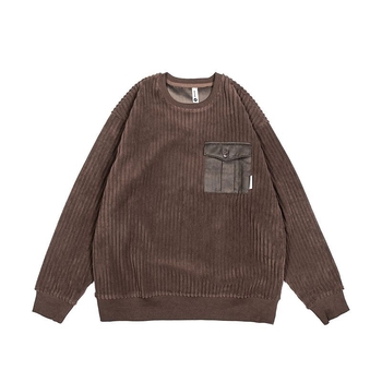 Corduroy džemperis, brīvs piegriezums, apaļš kakls, garas piedurknes, trīsdimensionālas kabatas