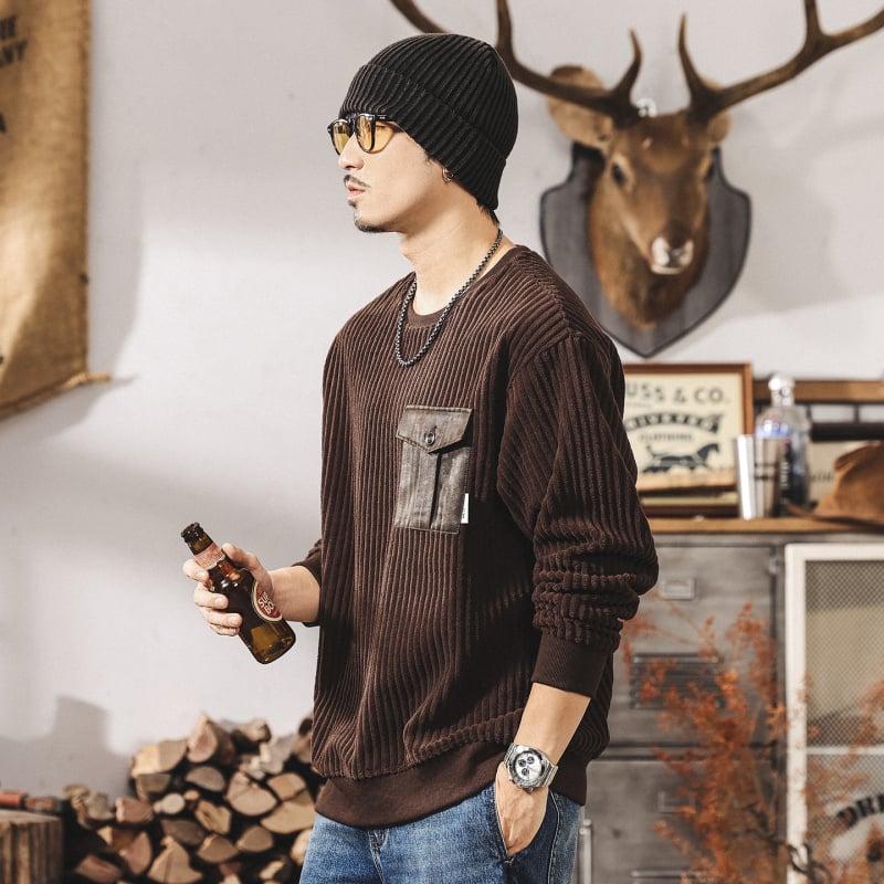 Corduroy džemperis, laisvas kirpimas, apvalus kaklas, ilgų rankovių, trimatės kišenės