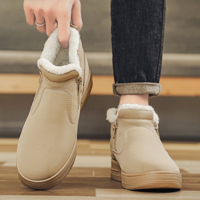 Férfi téli magas slip-on csizma, prémes belsővel, vízálló, csúszásmentes, vastag PU felső rész, PVC talp