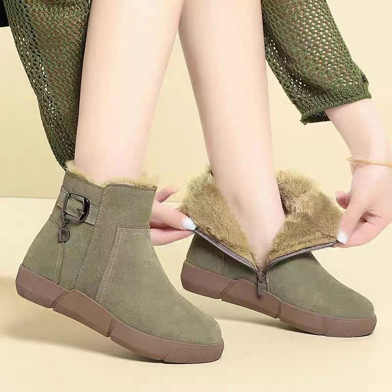 Cizme de zăpadă pentru femei, căptușeală groasă de fleece, exterior velur, talpă din cauciuc, fermoar lateral (Sezon de iarnă; velur; fleece; talpă cauciuc; fermoar lateral)