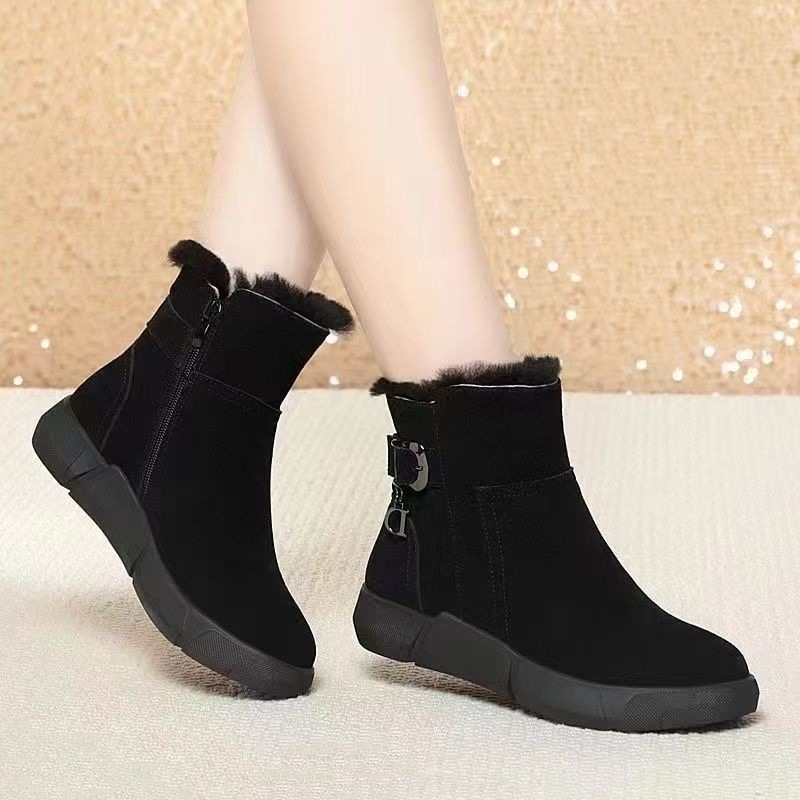 Cizme de zăpadă pentru femei, căptușeală groasă de fleece, exterior velur, talpă din cauciuc, fermoar lateral (Sezon de iarnă; velur; fleece; talpă cauciuc; fermoar lateral)