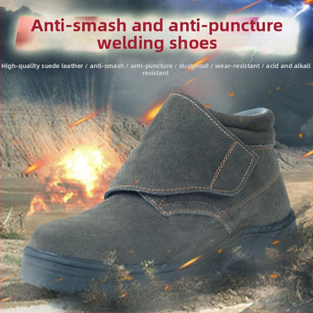 Apsauginė avalynė suvirinimui: atspari smūgiams ir perforacijai, medžiaga: atvirkštinis velūras, plieninis pirštas, vidutinio aukščio viršus.