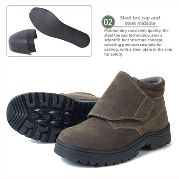 Apsauginė avalynė suvirinimui: atspari smūgiams ir perforacijai, medžiaga: atvirkštinis velūras, plieninis pirštas, vidutinio aukščio viršus.