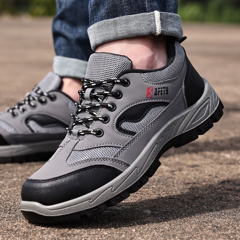 Darbojo apsauginiai batai su plieno pirštu; mikropluošto oda + drobė; žemas viršus; atsparūs smūgiams ir perforacijai; kvėpuojantys; neslidūs