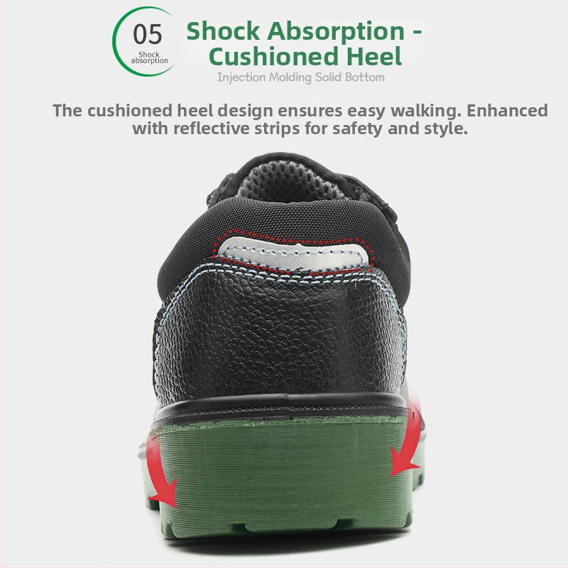 Drošības darba apavi ar aizsardzību pret sabrukšanu un perforāciju; liellapu āda; dzelzs purngals; zems augšējais dizains; piemēroti ogļu ieguvei, naftas nozarē, ķīmijas rūpniecībai, elektroenergijai, kuģu būvniecībai, celtniecībai, viesnīcām, darbnīcām