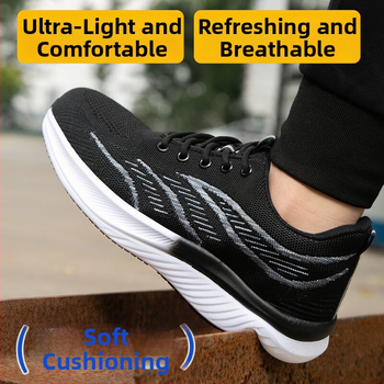 Vyrams ultra lengvi apsauginiai darbo batai su plastiko-plieno piršto apsauga, atsparūs smūgiams ir perforacijai, Fly-Knit viršus, minkšta padas