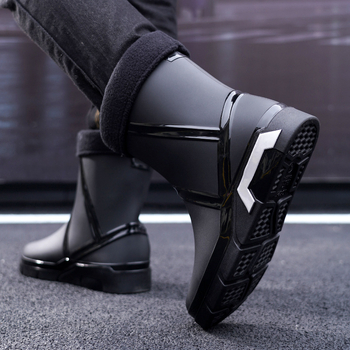 Мъжки PVC дъждовни ботуши, средна височина до глезена, мрежеста подплата, кръгъл нос, плосък ток