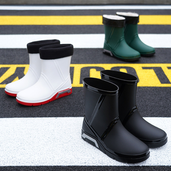Мъжки PVC дъждовни ботуши, средна височина до глезена, мрежеста подплата, кръгъл нос, плосък ток
