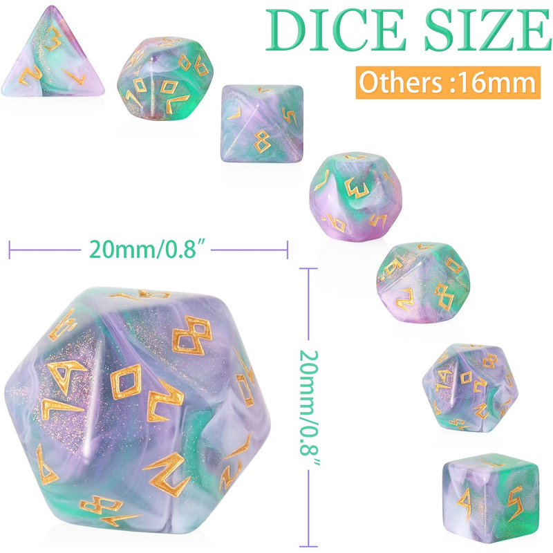 Jauns galda RPG kauliņu komplekts ar daudzām malām un cipariem, spilgti zaļā, violetā un baltā jauktajās krāsās.