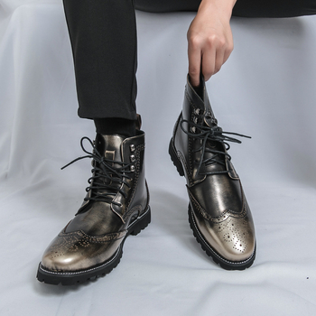 Мъжки високи мартин обувки от PU кожа, гумена подметка, кръгъл нос, висок маншет, връзки отпред