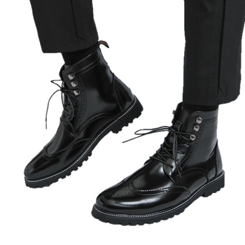 Мъжки високи мартин обувки от PU кожа, гумена подметка, кръгъл нос, висок маншет, връзки отпред