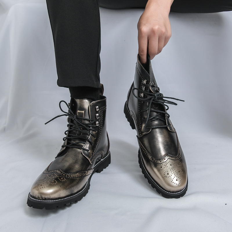 Мъжки високи мартин обувки от PU кожа, гумена подметка, кръгъл нос, висок маншет, връзки отпред
