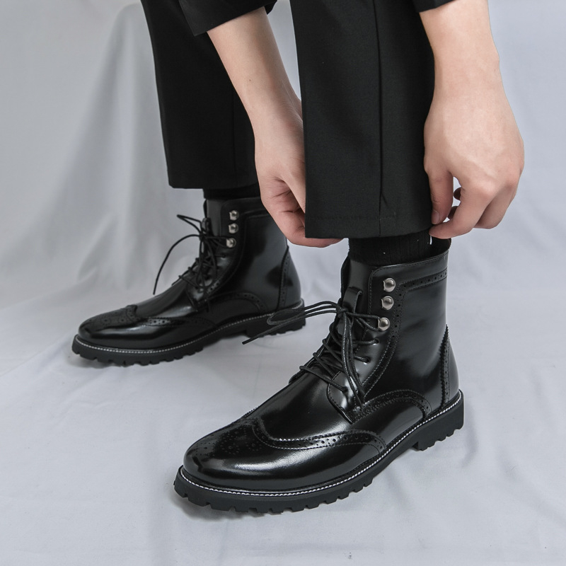 Мъжки високи мартин обувки от PU кожа, гумена подметка, кръгъл нос, висок маншет, връзки отпред