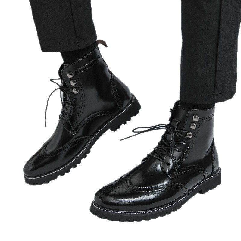 Мъжки високи мартин обувки от PU кожа, гумена подметка, кръгъл нос, висок маншет, връзки отпред