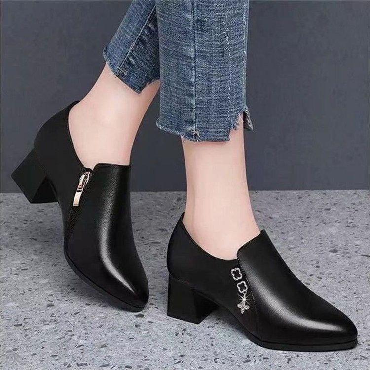 Pantofi dama casual din piele PU, toc mediu 3–5 cm, varf ascuțit, fermoar lateral
