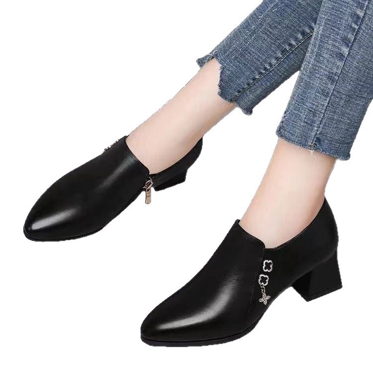 Pantofi dama casual din piele PU, toc mediu 3–5 cm, varf ascuțit, fermoar lateral