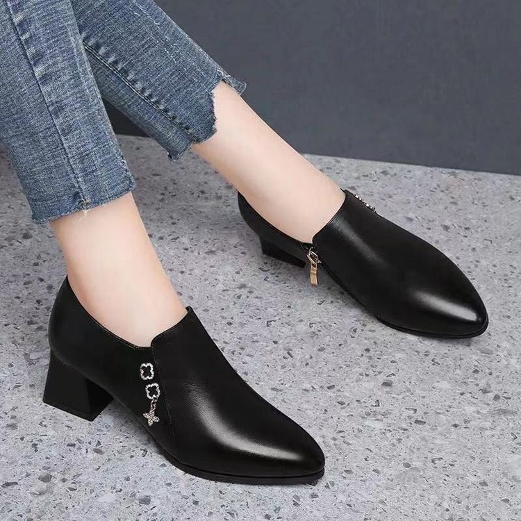 Pantofi dama casual din piele PU, toc mediu 3–5 cm, varf ascuțit, fermoar lateral